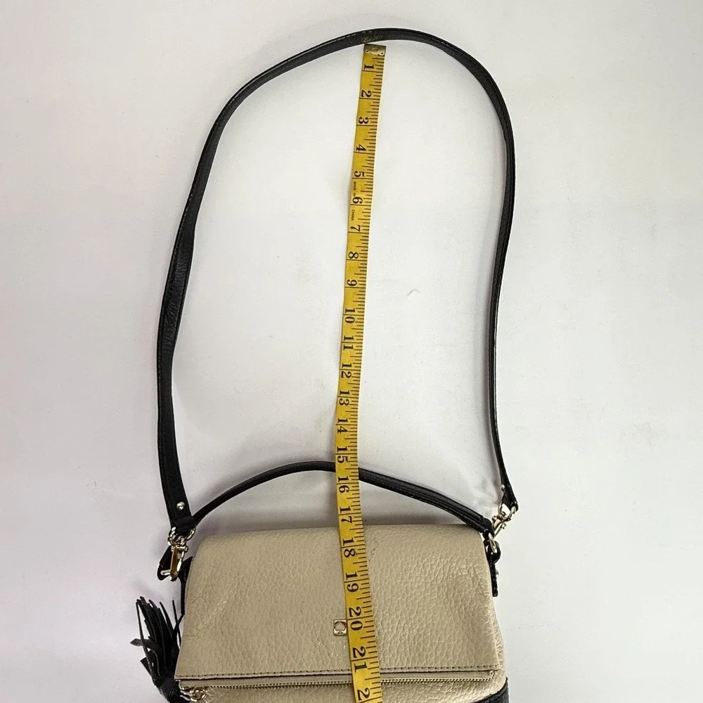 Kate Spade Crossbody Bag Womens Small Black Beige Pebbled Leather Tassel Purse